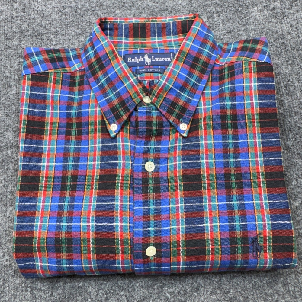 Vintage Polo Ralph Lauren Shirt Mens Large Blue Plaid Thick Button Down Pony 90s